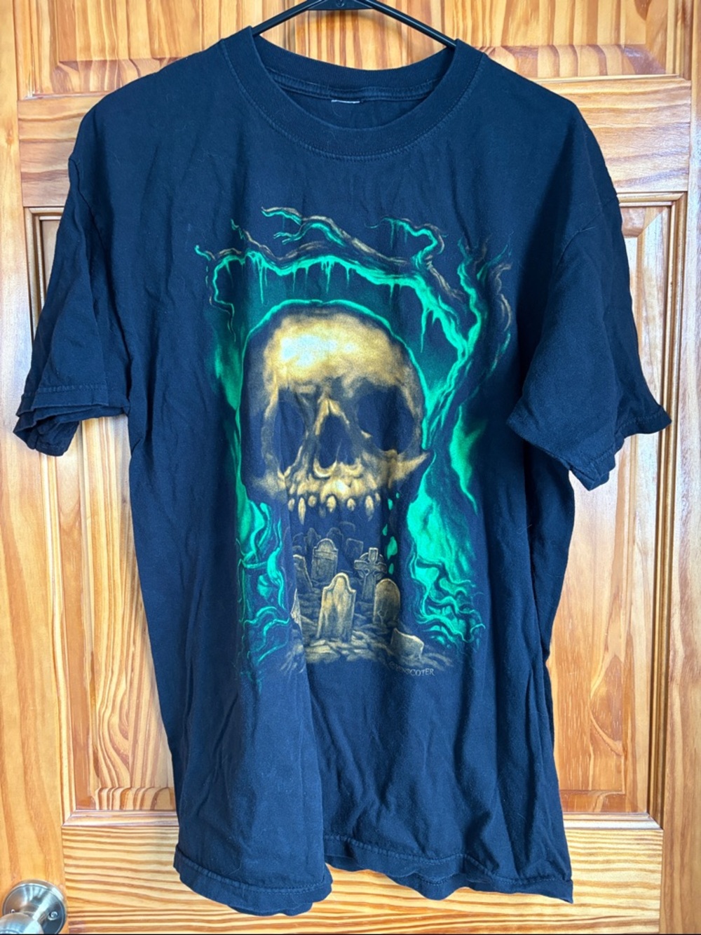 Black Skull Graveyard Graphic Tee with Neon Green Accents